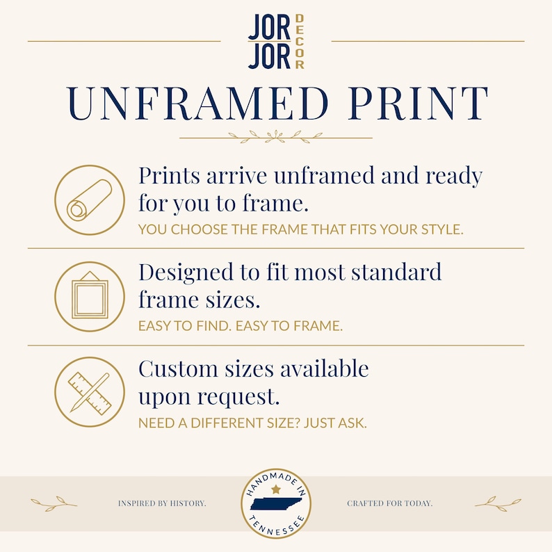 The image is an advertisement for JOR Decor, featuring a list of features for an unframed print, including prints arriving unframed and ready for framing, the ability to choose a frame that fits one's style, a designed to fit most standard frame sizes, and custom sizes available upon request. The ad is inspired by history and crafted for today, with a focus on Tennessee.