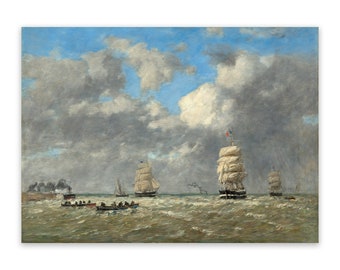 French Sailing Ships Vintage Print: Nautical Seascape Wall Art, CP40