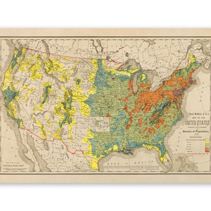 May include: A vintage map of the United States showing population density. The map is color-coded with yellow, green, orange, and red to indicate population density. The map is titled "Rand McNally & Co.'s Map of the United States Density of Population, 1880."