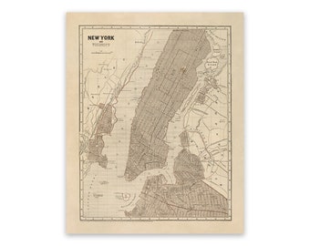 Antique New York City Map, Vintage Style NYC Print Circa 1800s