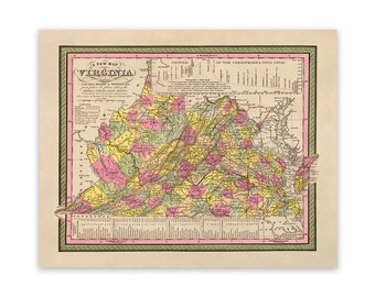 Old Virginia State Map, Vintage Style Print Circa 1800s