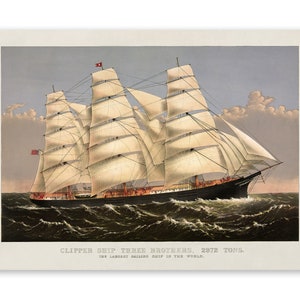 Clipper Ship Illustration Print, Nautical Sailing Ship Artwork, Premium Vintage Style Reproduction