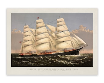 Clipper Ship Illustration Print, Nautical Sailing Ship Artwork, Premium Vintage Style Reproduction