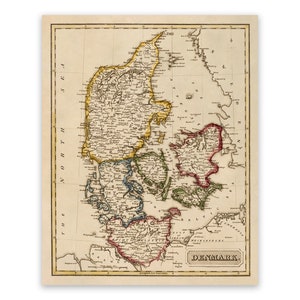 May include: An antique map of Denmark, printed in black and white with colored borders. The map shows the country's provinces and major cities. The title "DENMARK" is printed at the bottom of the map.