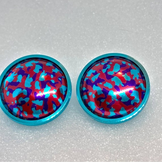 Avon Metallic 80s Earrings Teal Turquoise Pink Pu… - image 1