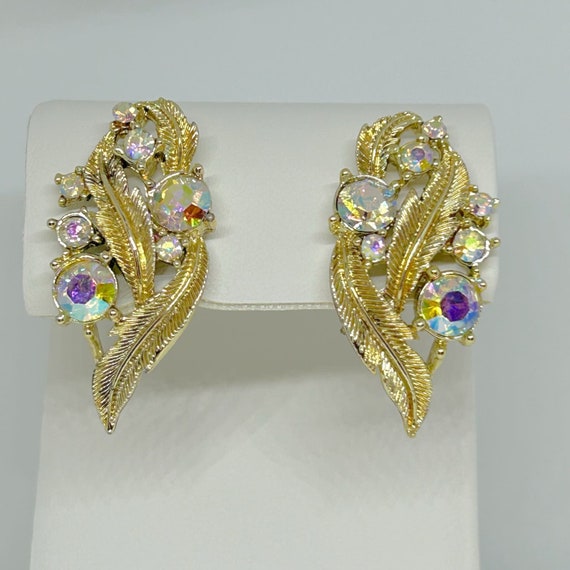 Vintage Coro AB Rhinestone Clip On Earrings Gold … - image 1