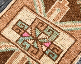 Handmade Turkish Wool Doormat Rug,Brown Beige,1x3 Vintage