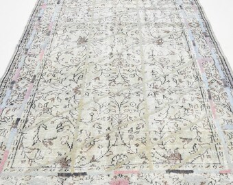 Tapete turco vintage de lã 6x9, tapete fino feito à mão da região da Anatólia - oriental feito à mão com nós, tingido com corantes Vge.