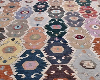 Tappeto Kilim turco di grandi dimensioni 9x12, tappeto vintage in lana fatto a mano - Kilim nomade decorativo, tinture Vge