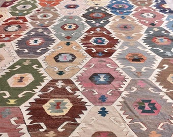 Tappeto Kilim turco vintage 9x12, in lana fatta a mano - Kilim nomade decorativo, tinture Vge