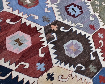 Tappeto Kilim turco vintage, in lana fatto a mano, 274 x 366 cm, motivo geometrico - Nomadic Kilim Deco, tinture Vge