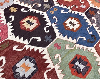 Tappeto Kilim turco vintage 9x12, in lana fatta a mano - Kilim nomade decorativo, tinture Vge