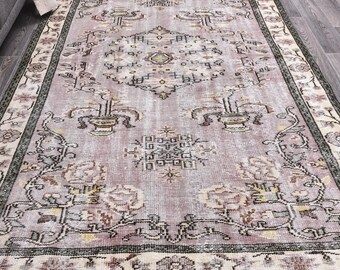 Tapete turco vintage de lã, 6x9 pés (1,83m x 2,74m), estilo boho em tons suaves, tapete fino - oriental feito à mão, tingido com corantes VGE.