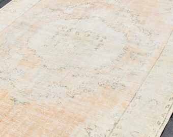 Tapete turco vintage de lã, 6x9 pés (1,83m x 2,74m), tapete artesanal com efeito desbotado - estilo oriental feito à mão, tingido com corantes VGE.