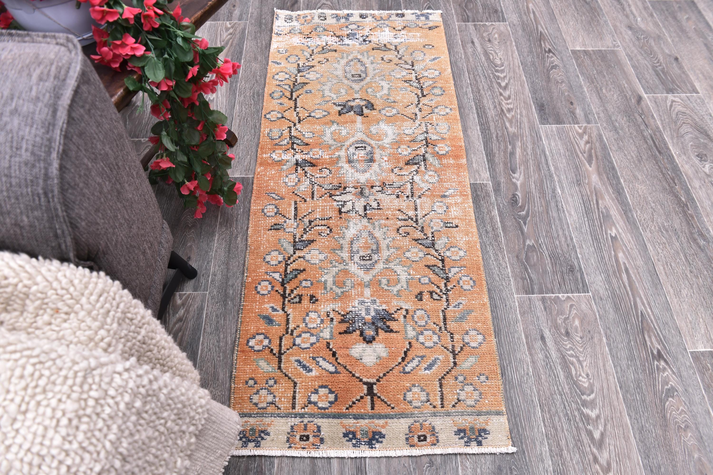 Vintage Turkish Wool Rug, Handmade Tribal Doormat, Muted Orange