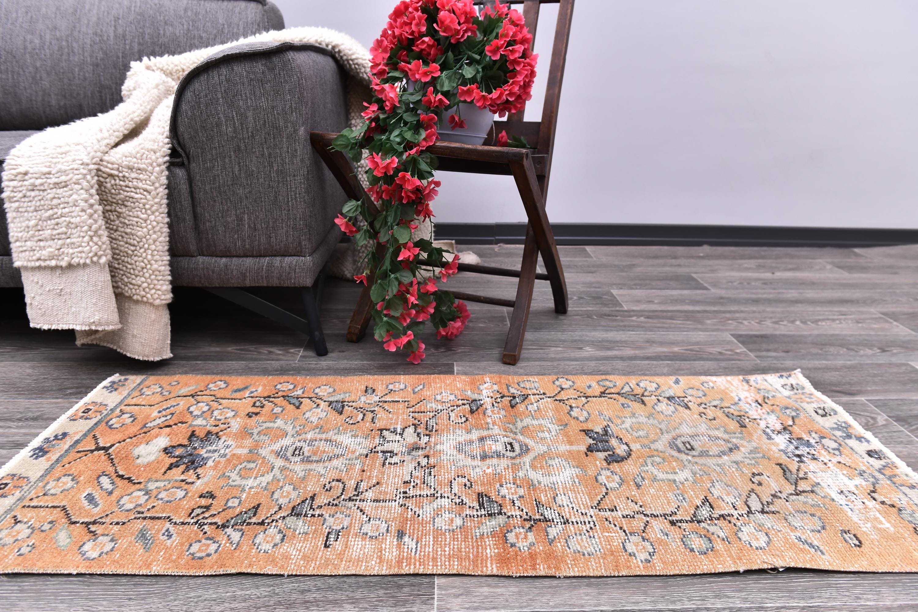 Vintage Turkish Wool Rug, Handmade Tribal Doormat, Muted Orange