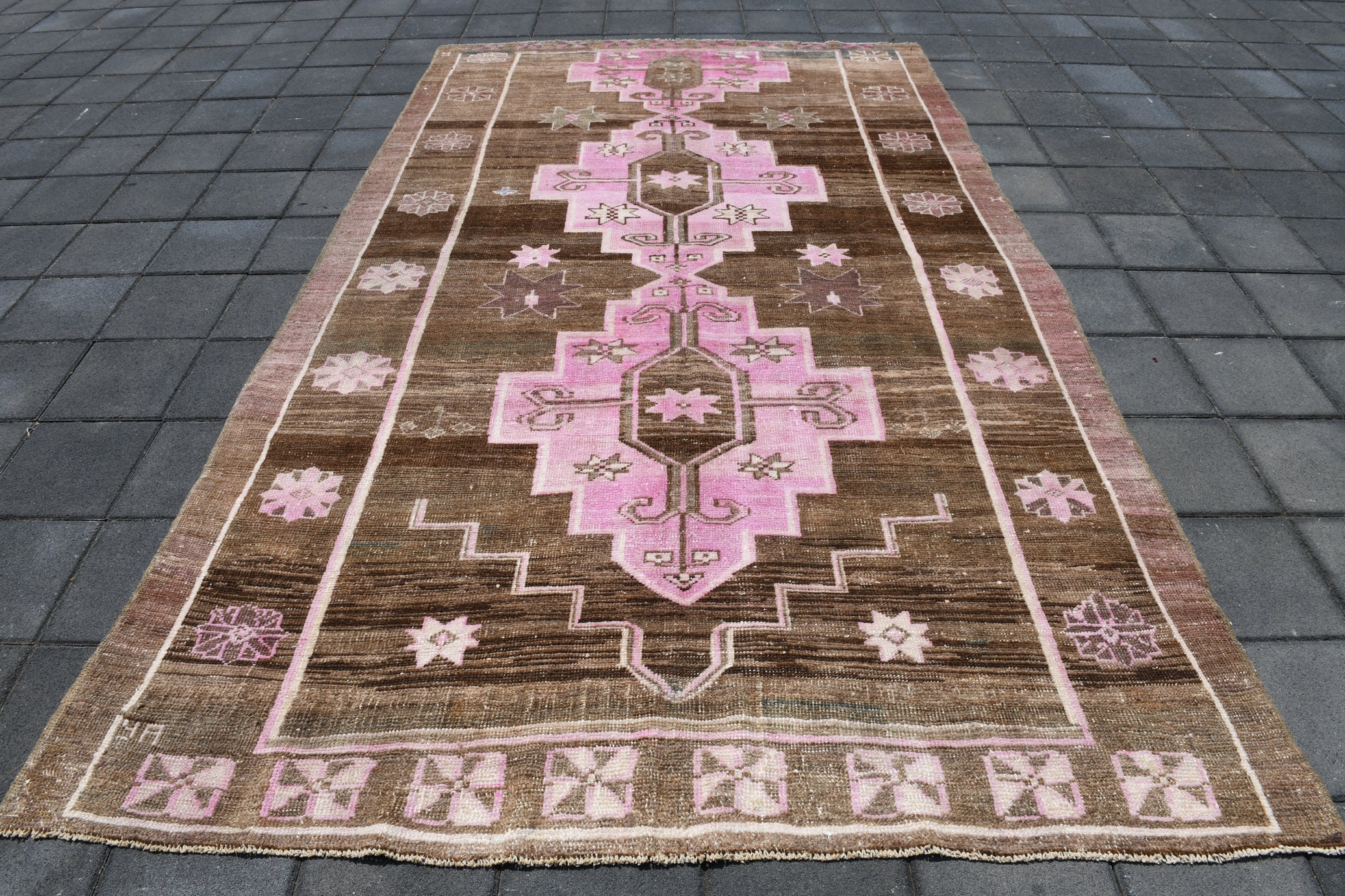 Tapis Pastel Turc Vintage 7x11, Tapis de Zone Brun Dinde, et Rose, Boho, Antique, 17862