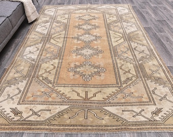 Tapete turco de lã feito à mão, estilo vintage desbotado, tapete fino para área (6x9) - Oriental feito à mão, tingido com corantes Vge