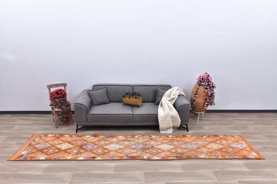 ヴィンテージ トルコ製ウール ランナーラグ、ウシャック 廊下用ラグ