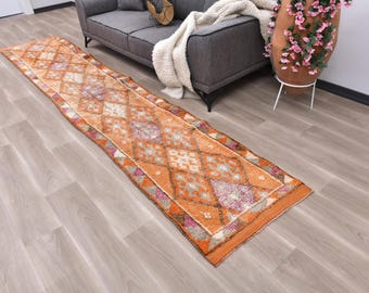 ヴィンテージ トルコ製ウール ランナーラグ、ウシャック 廊下用ラグ