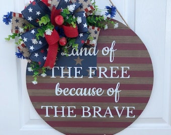 Patriotic Floral Door Hanger, Rustic Wood Wreath, 4th of July Decor