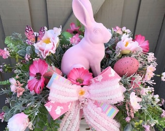 Pink Bunny Easter Centerpiece, Floral Table Arrangement