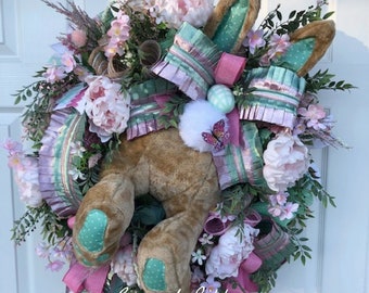 Easter Bunny Butt Wreath, Pink and Mint Easter Wreath, Spring Wreath, Floral Wreath, Front Door Wreath, Deco Mesh Wreath, Easter Decor