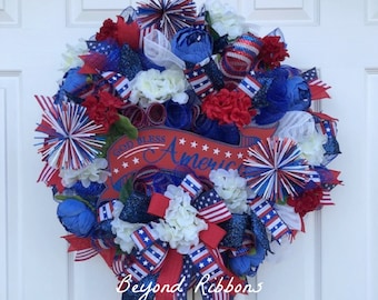 Patriotic Floral Wreath, Americana Deco Mesh, July 4th Front Door Decor