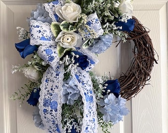 Blue White Floral Grapevine Wreath, Hydrangea Rose Farmhouse Door Decor