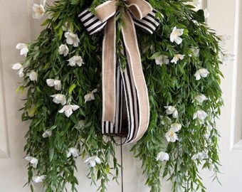 Greenery Wreath with White Flowers and Burlap Stripe Bow, Farmhouse Door Decor