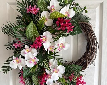 Tropical Orchid Grapevine Wreath – Pink & White Floral Door Decor