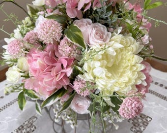 Pink & White Floral Watering Can Centerpiece | Hydrangea Arrangement | Shabby Chic Cottagecore Table Decor