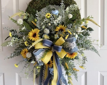 Blue and Yellow Sunflower Moss Wreath, Rustic Farmhouse Floral Door Decor