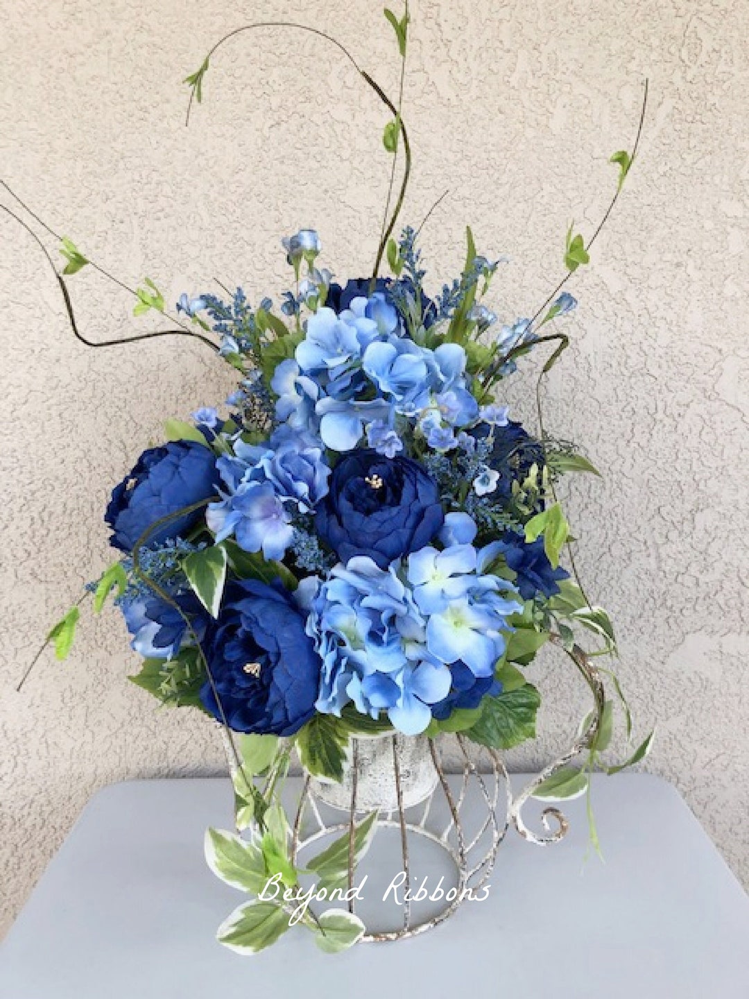 Watering Can Floral Arrangement, Spring Centerpiece, Blue Hydrangeas