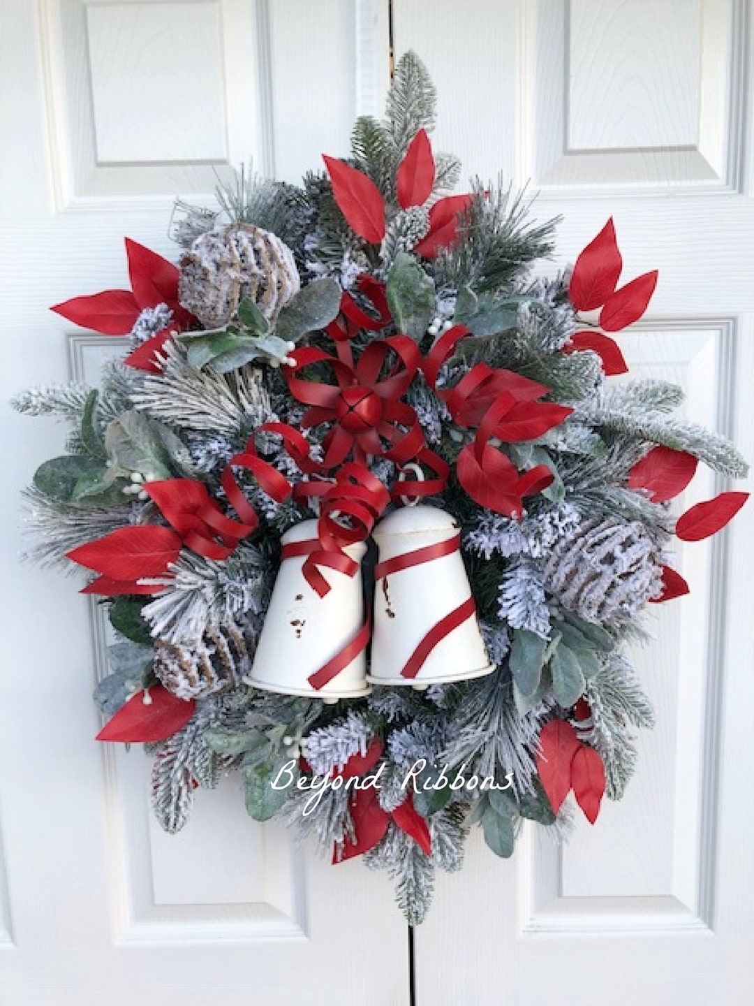 Rustic Christmas Bell Wreath Red and White Bells Decor Front Etsy