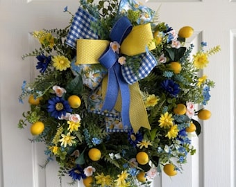 Lemon Grapevine Wreath – Blue Yellow Floral Farmhouse Door Decor