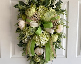 Spring Green Hydrangea Swag Wreath, Front Door Floral Swag, Cottage Farmhouse Door Decor, Hydrangea and Peony Swag