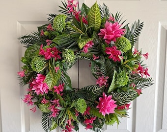 Tropical Grapevine Wreath for Front Door | Pink Floral Wreath | Island Style Wreath