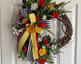 Summer Grapevine Wreath, Red Yellow White Lavender Floral Door Decor
