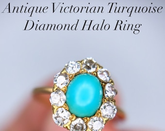 Antique Victorian Era Turquoise & Old Mine Cut Diamond Halo 14k Yellow Gold Ring Estate Vintage Engagement Fashion