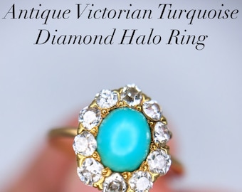 Antique Victorian Era Turquoise & Old Mine Cut Diamond Halo Ring