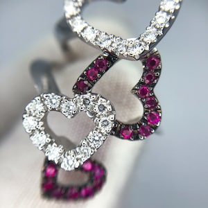 Natural Burma Ruby Diamond Large Open Hearts Ring 18k White Gold Black Rhodium Estate Right Hand Fashion Statement Jewelry