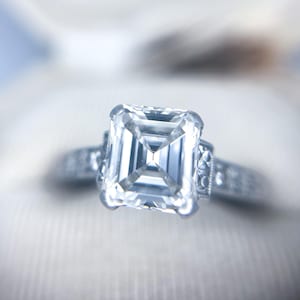Art Deco Antique Natural Diamond Platinum Hand Engraved Detail Emerald Asscher Square Step Cut French Cut Accents Estate Engagement Ring