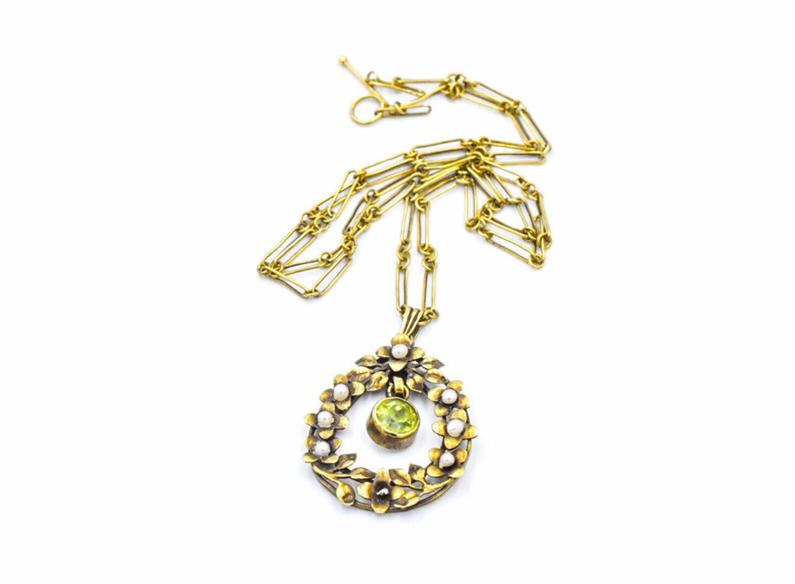 Art Nouveau Antique 14k Yellow Gold Peridot Pearl Pendant Necklace ...