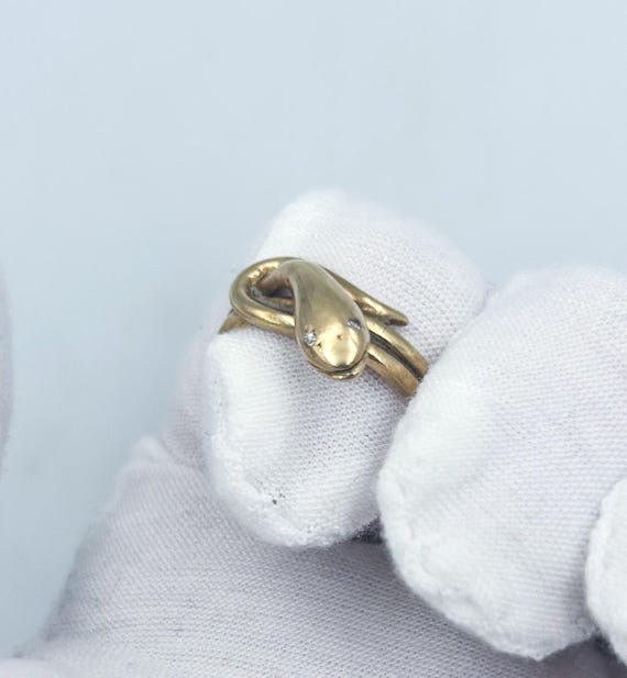 Antique Coiled Snake 9k Yellow Gold Band Ring Natural Old Cut Diamond Eyes Estate Jewelry