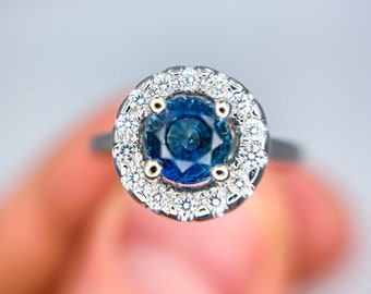 1.13 Green Blue Sapphire Diamond Halo 14k White Gold Engagement Fashion Bridal Ring