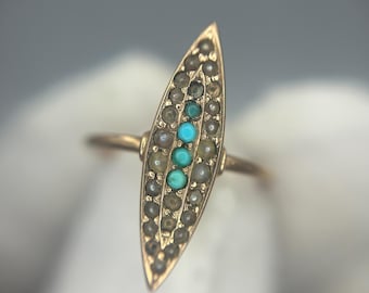 Anillo antiguo de perlas turquesa talla Navette de 14k