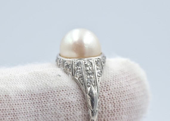 Authentic Art Deco Platinum Pearl Diamond Ring - image 2