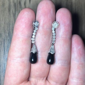 Vintage Art Deco Onyx Natural Diamond Platinum Drop Dangle Earrings Estate Old European Cut Tear Drop Bezel Pavé