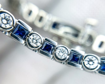 Unique 14KW Natural Sapphire Diamond Tennis Bracelet